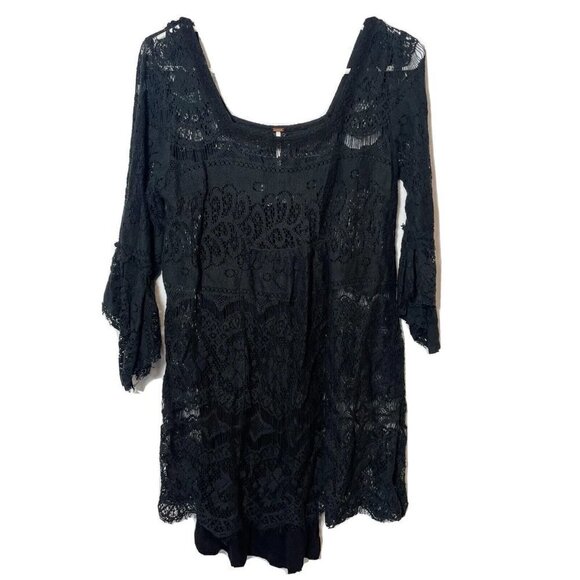 Free People 3/4 Bell Sleeve Sheath Lace Mini Dress Black XS Lined Square Neck - Picture 1 of 6